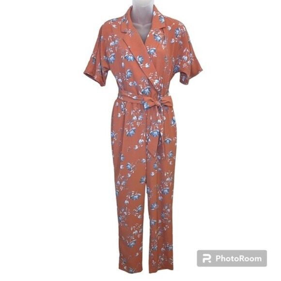 June & Hudson Orange Floral Print Collared Jumpsuit Size Small - Picture 1 of 6